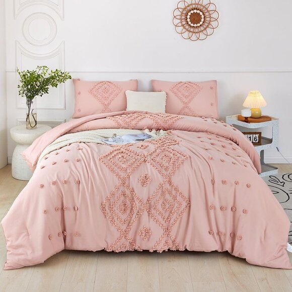 NEW NWT Boho Beige or Pink Tufted Jungalow Bohemian Queen King Bedding SET - Picture 4 of 11